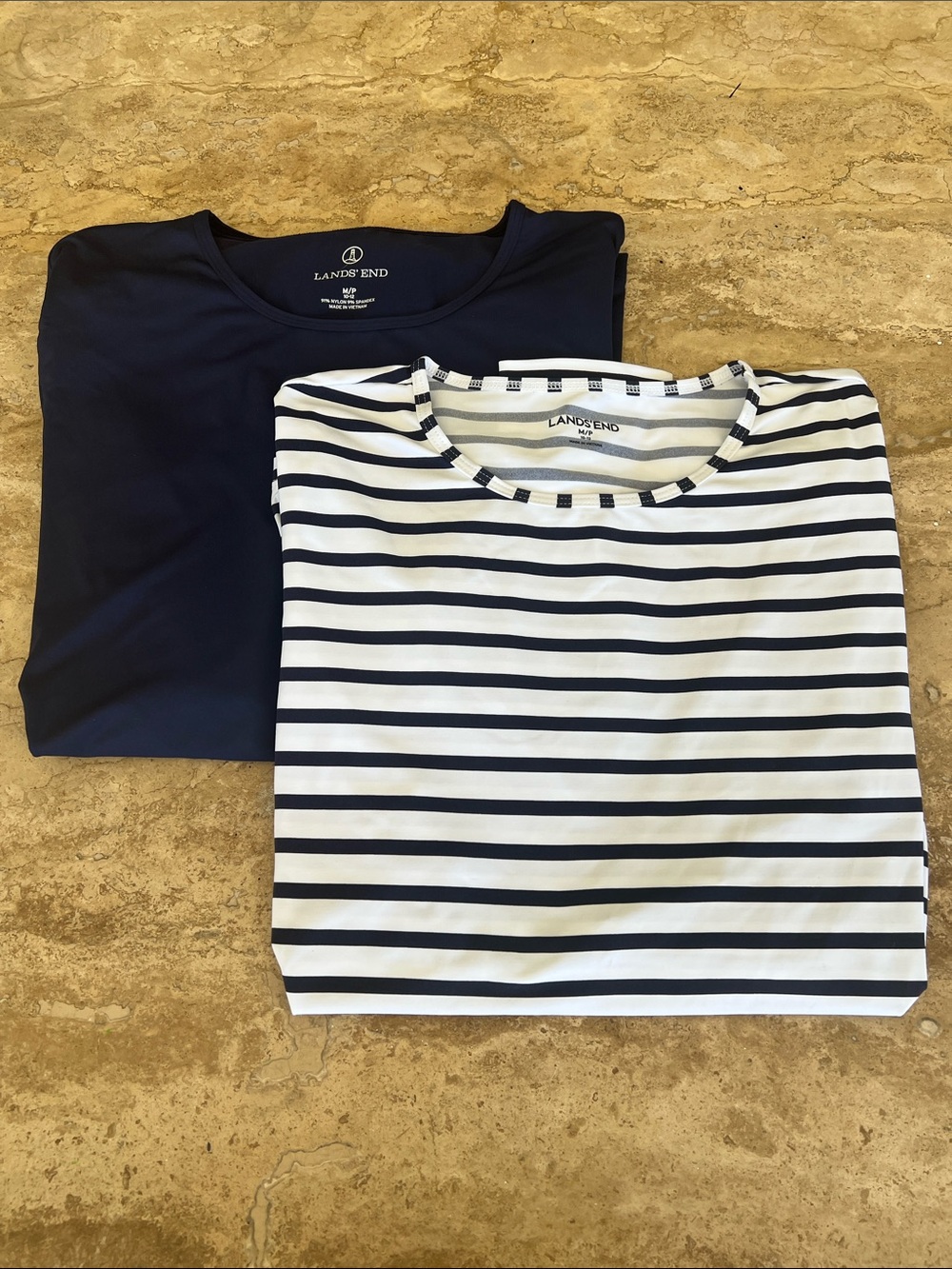 2 Lands' End Womens Sun Swim Shirts.Navy & Blue Striped RashGuard UPF 50